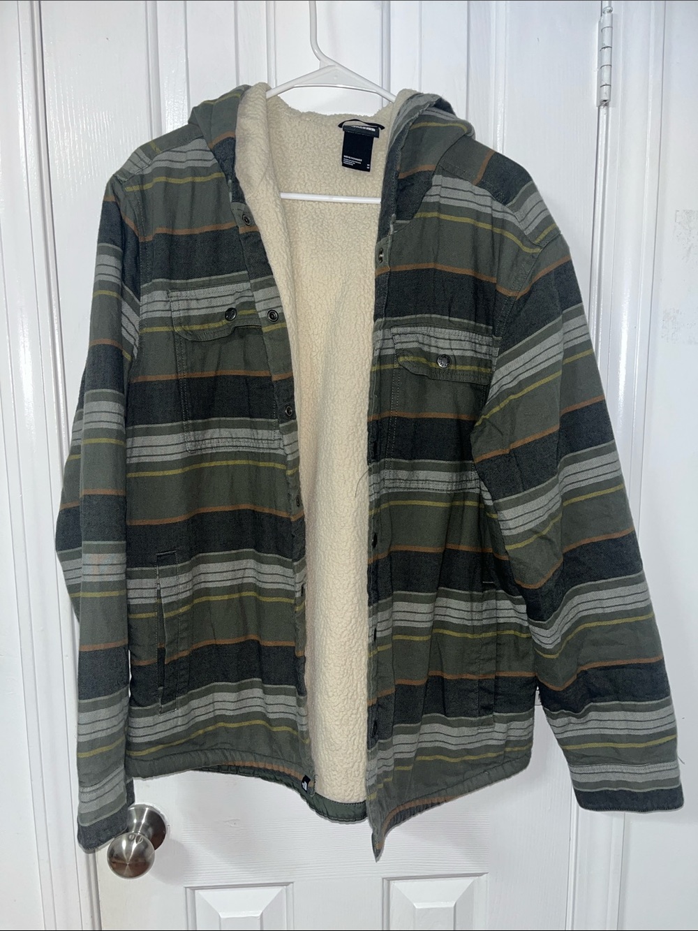 The North Face Olive Green & Gray Striped Sherpa Hooded Jacket
